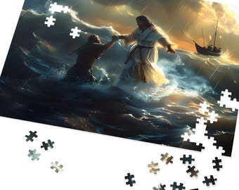 Jesus Walks on Water Catholic Jigsaw Puzzle, Jesus Christ Bible Art Family Puzzle, Christian Father's Day Gift, 110, 252, 520, 1014-pc