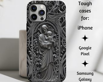 St. Joseph and Baby Jesus Titanium Style Catholic Phone Case, Patron Saint 3D Floral Tough Cover for iPhone, Google Pixel, & Samsung Galaxy