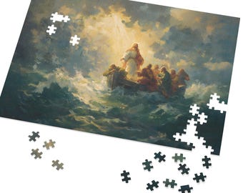 Jesus Christ Calms the Storm Devotional Catholic Puzzle, Christian Oil Painting Style Hard Jigsaw Father's Day Gift, 110, 252, 520, 1014-pc