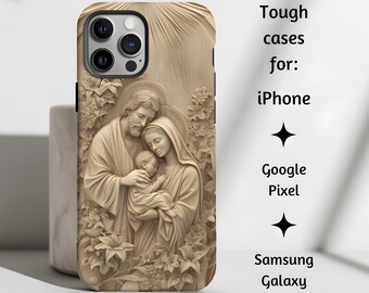 Holy Family Vintage Catholic Phone Case, Jesus, Mary, Joseph Relief Style Patron Saint Nativity Gift, iPhone, Google Pixel, Samsung Galaxy