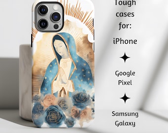 Our Lady of Guadalupe Catholic Phone Case, Blessed Virgin Mary Watercolor Style Floral Christian Tough Cover iPhone, Pixel, Samsung Galaxy