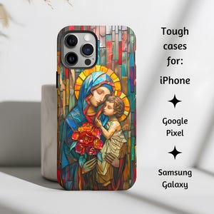 Jungfrau Maria und Baby Jesus Abstrakte Kunst Katholische Telefonhülle, robuste kyrillische Ikonen-Handyhülle für iPhone, Google Pixel und Samsung Galaxy