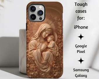 Katolskt telefonskal med Our Lady of Consolation, Jungfru Maria-skal med blommig relief, iPhone, Google Pixel, Samsung Galaxy