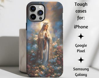Vår Fru av Fatima målningsstil katolskt telefonskal, Jungfru Maria julstärkt skal för iPhone, Google Pixel, Samsung Galaxy