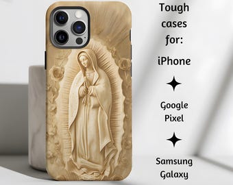 Vår Fru av Guadalupe katolskt telefonskal, skyddshelgon olivträsnideri i reliefstil med blommigt skal för iPhone, Pixel, Samsung Galaxy