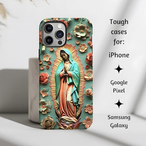 Coque de portable catholique Notre-Dame de Guadalupe fleurs bleu sarcelle, coque de portable florale Vierge Marie pour iPhone, Google Pixel et Samsung Galaxy