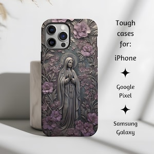 Unsere Dame von Fatima Metall Relief-Stil katholische Handyhülle, Floral Jungfrau Maria Tough Cover Geschenk für iPhone, Google Pixel, & Samsung Galaxy