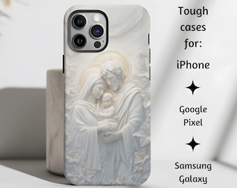 Holy Family Nativity Catholic Phone Case, Tough Beautiful Quartz Relief Style Phone Cover Mom Gift,  iPhone, Google Pixel, Samsung Galaxy