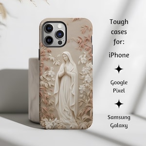Unsere Dame von Lourdes Blumen Relief Katholische Handyhülle, Jungfrau Maria Tough Cover Mom Geschenk für iPhone, Google Pixel und Samsung Galaxy