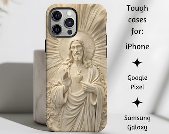 Jesus Christ Divine Mercy Tough Catholic Phone Case, Sacred Heart of Jesus 3D Relief Style Cover Gift,  iPhone, Google Pixel, Samsung Galaxy