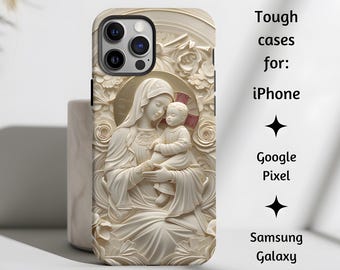 May include: A white phone case with a 3D carved design of a mother and child. The design is reminiscent of a religious icon. The phone case is compatible with iPhone, Google Pixel, and Samsung Galaxy phones.