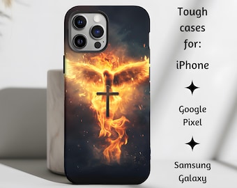 Holy Spirit Fire Catholic Phone Case, Fire Dove Cross Elegant Beautiful Christian Art Tough Cover for iPhone, Google Pixel, & Samsung Galaxy