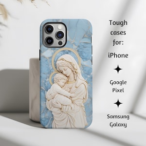 Jungfrau Maria und Baby Jesus Katholische Handyhülle, Blauer Marmor Stil Madonna und Kind Tough Mom Geschenk für iPhone, Google Pixel, Samsung Galaxy
