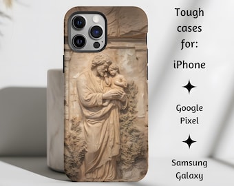 St. Joseph and Baby Jesus Stone Carving Style Catholic Phone Case, Patron Saint Tough Cover Gift for iPhone, Google Pixel, & Samsung Galaxy
