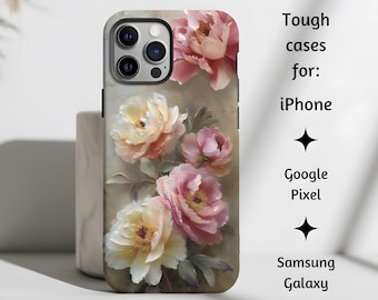 Peony Flower Bloom Phone Case, Oil Painting Cottage Core Style Floral Tough Phone Cover Mom Gift for iPhone, Google Pixel, & Samsung Galaxy