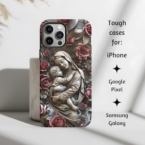 Jungfrau Maria und Baby Jesus Rosen katholische Handyhülle, Robuste Ikone, Christliche Handyhülle für iPhone, Google Pixel und Samsung Galaxy