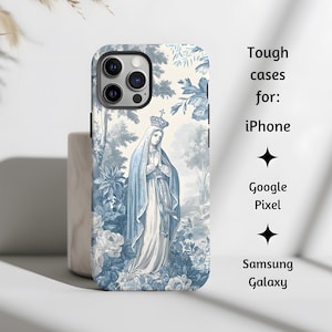 Unsere Dame von Fatima Vintage Blaue katholische Handyhülle mit Blumenmuster, Jungfrau Maria Tough Cover Mom Geschenk für iPhone, Google Pixel und Samsung Galaxy