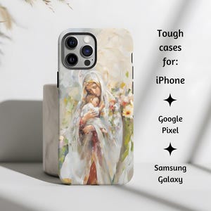 Unsere Dame von Immerwährender Hilfe kuscheln Aquarell Stil katholische Telefonhülle, Jungfrau Maria Tough Cover Geschenk, iPhone, Google Pixel, Samsung Galaxy