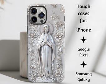 Katolskt telefonskal i silverfärgad reliefstil med Jungfru Maria av Lourdes, robust fodral i 3D-stil med Jungfru Maria för iPhone, Google Pixel och Samsung Galaxy