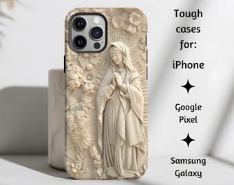 Virgin Mary Floral Phone Case, Our Lady of Guadalupe Elegant Ivory Religious 3D Style Tough Cover for iPhone, Google Pixel, Samsung Galaxy