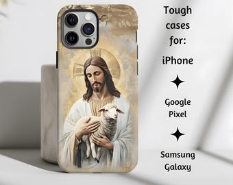 Funda católica vintage de Jesucristo, carcasa resistente cristiana con Jesús y el cordero, ilustraciones bíblicas para iPhone, Google Pixel y Samsung Galaxy.