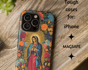 MAGSAFE Our Lady of Guadalupe Painting Catholic Phone Case, Blessed Virgin Mary Vintage Floral iPhone 13, 14, 15, 16, 17, Pro, Plus, Pro Max
