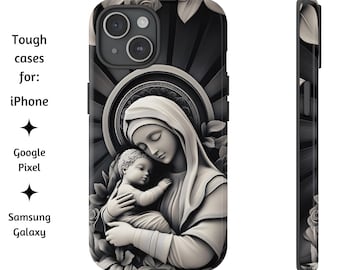 Funda para teléfono católica con la Santísima Virgen María y el Niño Jesús, carcasa rígida 3D católica para iPhone, Google Pixel y Samsung Galaxy