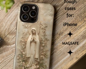 MAGSAFE Our Lady of Fatima Ivory Style Catholic Phone Case, Vintage Relief Tough Cover for iPhone 13, 14, 15, 16, 17, Pro, Plus, Pro Max