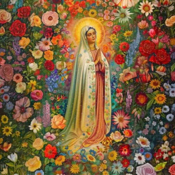 Our Lady of Fatima Jigsaw Puzzle, Catholic Mary Floral Art Puzzle for Adults, Families, Teachers, and Mentors (110, 252, 500, 1000 pc)