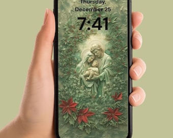 Heilige Familie Weihnachten Floral Handy-Tapeten-Set | Katholischer Telefon-Kunst-Hintergrund | Sofortiger digitaler Download