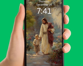 Jesus Gehen mit Kind Handy-Tapeten-Set | Katholischer Telefon-Kunst-Hintergrund | Sofortiger digitaler Download