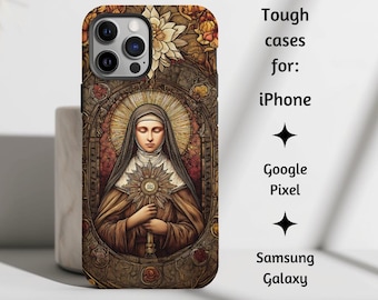 St. Clare of Assisi Catholic Phone Case, Patron Saint Stained Glass Style Floral Christian Tough Cover Gift iPhone, Pixel, Samsung Galaxy