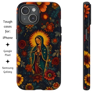 Unsere Dame von Guadalupe Cartoon Blumen Handyhülle, Jungfrau Maria Kunstwerk, robuste katholische Abdeckung für iPhone, Google Pixel, Samsung Galaxy