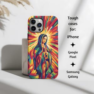 Unsere Dame von Guadalupe Bunter Sonnenschein Katholische Handyhülle, Jungfrau Maria Süßes Robustes Geschenk für iPhone, Google Pixel und Samsung Galaxy