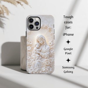 Maagd Maria en slapende baby Jezus Marmeren reliëfstijl katholiek telefoonhoesje, schattige stoere hoes cadeau voor iPhone, Google Pixel, Samsung Galaxy