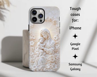 May include: A white phone case with a detailed image of a mother and child carved in stone. The image is surrounded by flowers.