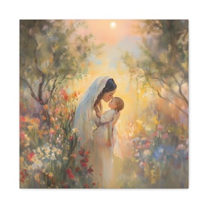 Impressão em tela da Virgem Maria e do Menino Jesus adormecido, pintura em tela celestial Boho da Virgem Maria, presente de arte católica para o Dia das Mães