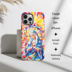 Our Lady of Fatima Bunter Sonnenschein Katholische Handyhülle, Jungfrau Maria Süßes Tough Cover Mom Geschenk für iPhone, Google Pixel und Samsung Galaxy