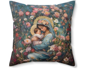 Almohada católica de la Santísima Virgen María y el Niño Jesús durmiendo, regalo artístico de la Sagrada Familia, almohada artística de la Virgen con el Niño para decoración católica del hogar.