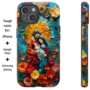 Heilige Familie Blumenmosaik-Handyhülle, St. Joseph, Jungfrau Maria, Jesuskind, katholische Tough Cover für iPhone, Google Pixel und Samsung Galaxy