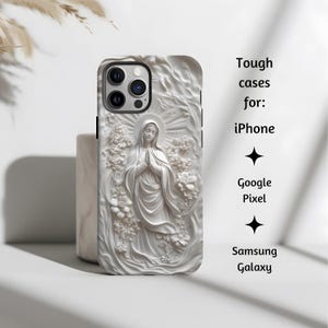 Unsere Dame von Fatima Marmor Relief Style katholische Handyhülle, Jungfrau Maria Tough Cover, Mosaik Style für iPhone, Google Pixel und Samsung Galaxy