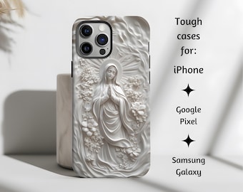 Our Lady of Fatima Marble Relief Style Catholic Phone Case, Virgin Mary Tough Cover, Mosaic Style for iPhone, Google Pixel, & Samsung Galaxy