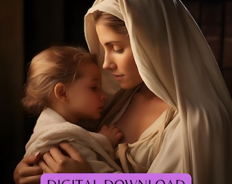 Descarga digital de la Santísima Virgen María con el Niño Jesús, impresión en lienzo, arte de María Jesús, pintura católica de la Sagrada Familia, regalo de María Jesús Madre.