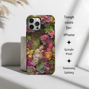 Jungfrau Maria und Baby Jesus Orchideen Handyhülle, katholische Handyhülle, Our Lady Tough Cover für iPhone, Google Pixel und Samsung Galaxy