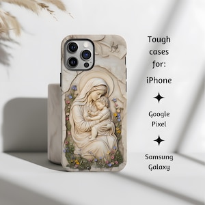 Selige Jungfrau Maria und schlafendes Baby Jesus Steingarten Katholische Handyhülle, Madonna mit Kind für iPhone, Google Pixel, Samsung Galaxy