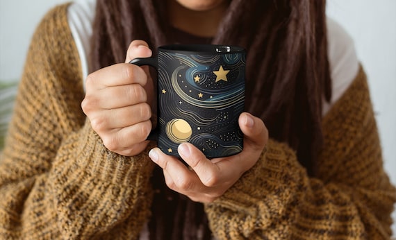 Cute Starry Night Coffee Mug, Festive Halloween Ceramic Mug, Fall aesthetic, Moon Space Art gift for Teacher, Fall Decor Starry Night Cup