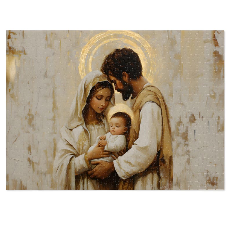May include: A painting of a holy family, with a man, woman, and baby. The man and woman are looking at the baby, who is being held by the woman. The painting is done in a realistic style, with soft colors and a warm glow.