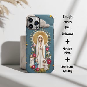 Unsere Dame von Fatima bestickte katholische Handyhülle, Jungfrau Maria robuste Handyhülle für iPhone, Google Pixel und Samsung Galaxy