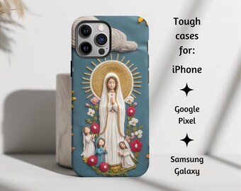 Our Lady of Fatima Embroidered Style Catholic Phone Case, Blessed Virgin Mary Tough Phone Cover for iPhone, Google Pixel, & Samsung Galaxy