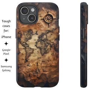 Coque de portable robuste vintage carte du monde et boussole, coque de protection globe ancienne carte au trésor pirate pour iPhone, Google Pixel et Samsung Galaxy